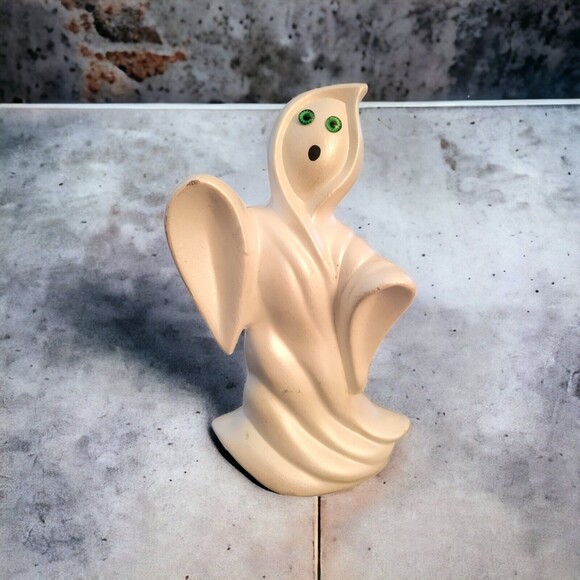 70's Vintage Halloween Ceramic Spooky White Ghost 9" Figurine Green Eye *READ* - Picture 1 of 6